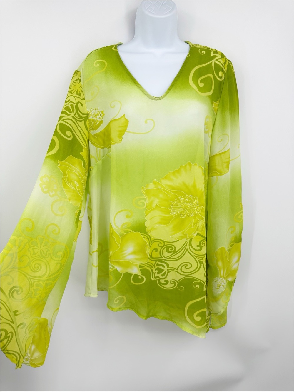 Vintage Y2K Green Floral Asymmetrical Long Sleeve Shirt Size 14 Plus Size Fairy